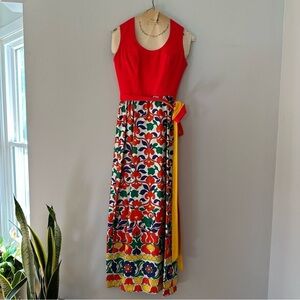 Vintage 1960s Lanz Originals Maxi Dress Red Bodice & Folk Art Print Skirt Sz 7